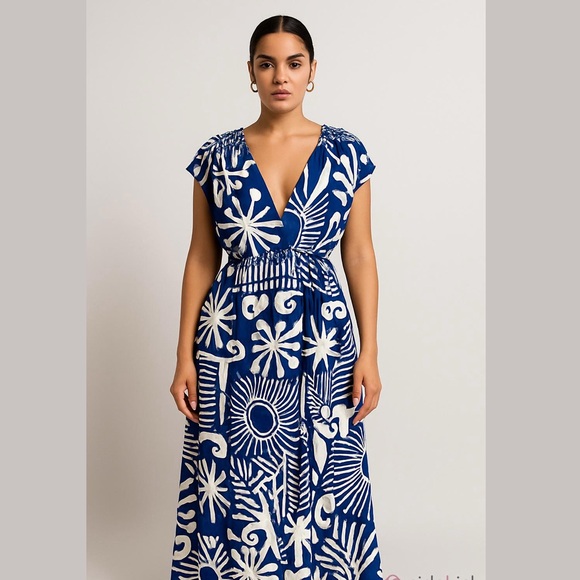Cantao Blue and White Patterned Dress - Picture 1 of 9